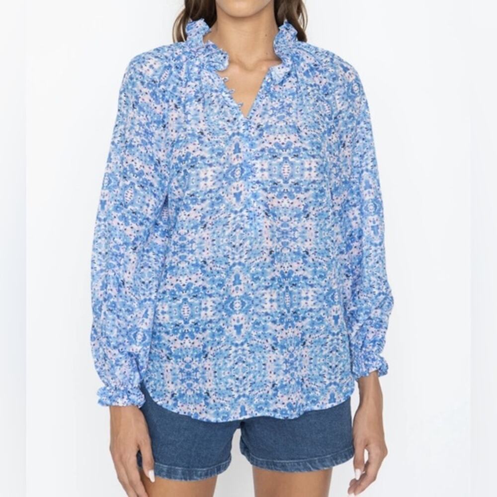 Caballero Leigh Floral Blouse XS Blue Pink Boho Long Sleeve Top